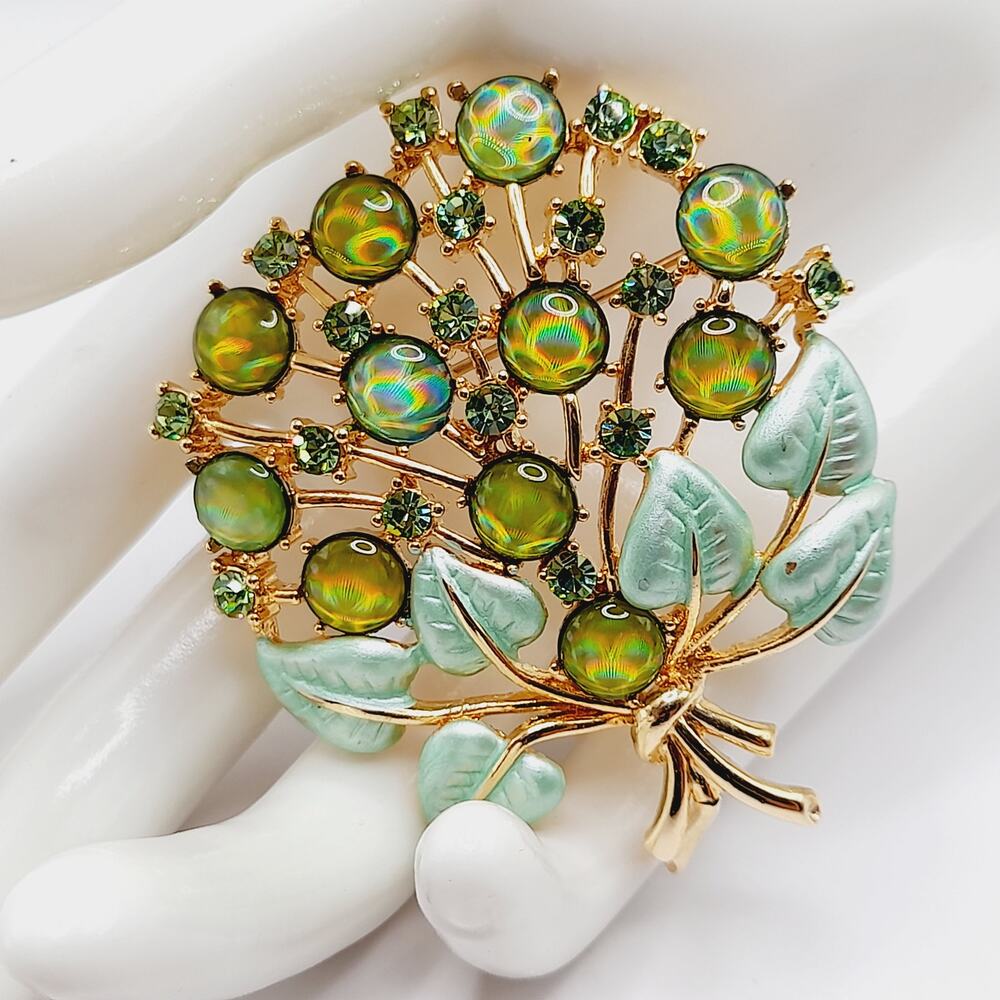Vintage Style Watermelon Rhinestone Cabochon Tree Brooch Green Enamel Leaves